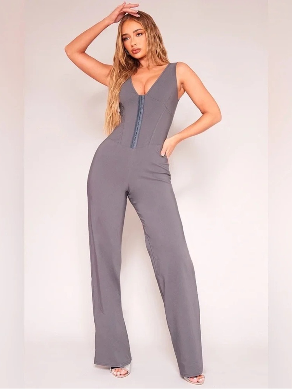 PrettyLittleThing Charcoal Gray Sleeveless V-Neck Wide-Leg Jumpsuit
